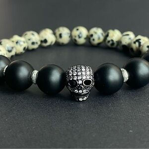 Dalmatian Jasper and Matte Onyx Stone Bracelet With Zircon Skull